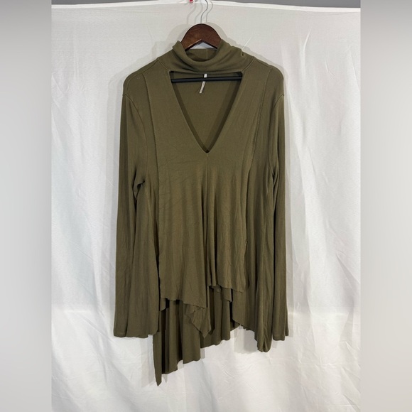 FREE PEOPLE Medium deep v neck plunge tunic green asymmetric Choker Neck Rayon - Picture 3 of 8